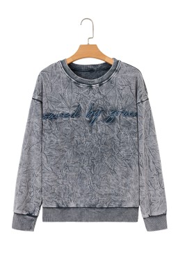 High-rise  saved by grace Letter Embroidery Mineral Wash Loose Sweatshirt
