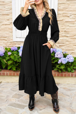 Black Leopard Contrast Color Ruffle Bracelet Sleeve Midi Dress