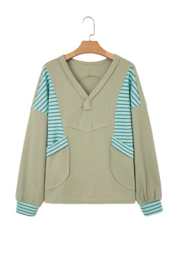 Meadow Mist Green Exposed Seam Waffle Striped Patchwork Baggy Pullover