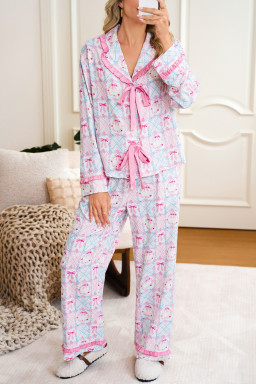 Pink Bow Wreath Pattern Christmas Holiday Bow Tie Front Pajama Set