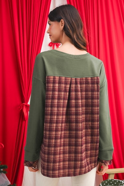 Moss Green Vintage Plaid Patchwork Drop Shoulder Sweatshirt