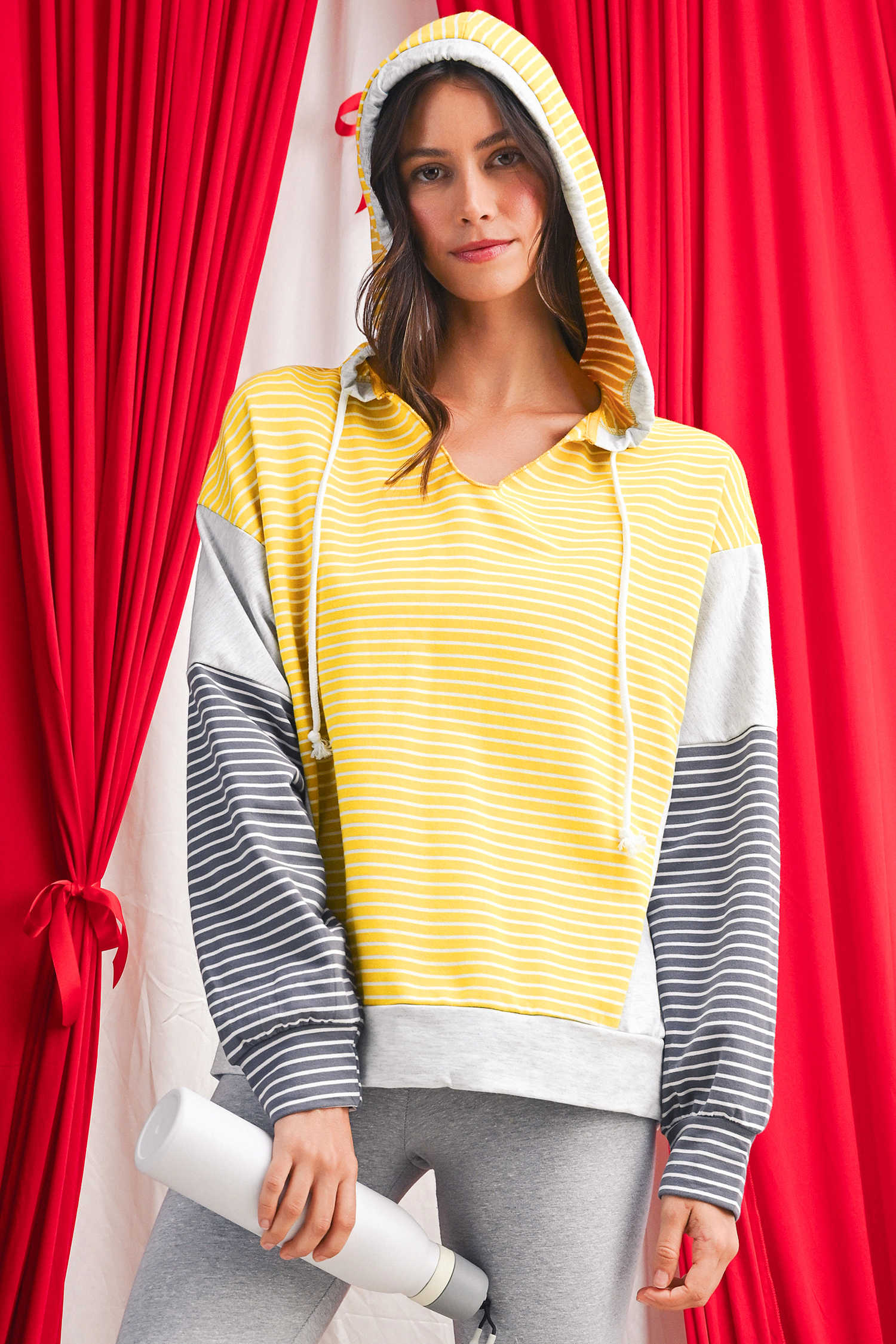 Yellow Stripe Colorblock Drawstring V Neck Loose Fit Hooded Top