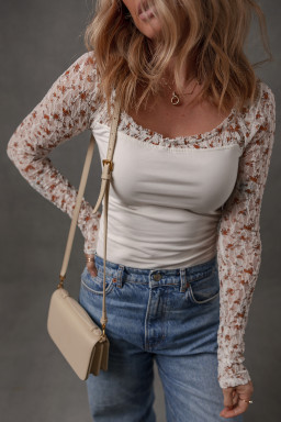 White Floral Lace Patchwork Square Neck Long Sleeve Top