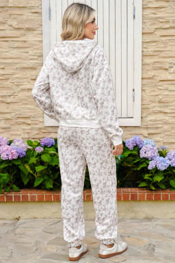 White Ditsy Floral Print Cozy Pullover Drawstring Pants Set