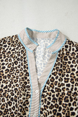 Khaki Plus Size Leopard Print Striped Trim V Neck Drop Waist Long Sleeve Mini Dress