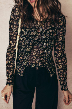 Black Floral Print Mesh Tank Button Front Slim Cardigan 2pcs Set