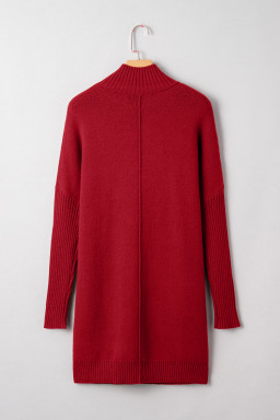 Fiery Red Ribbed High Neck Front Pockets Center Seam Sweater Dress