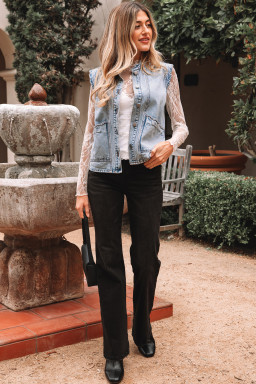 Beau Blue Scalloped Trim Patch Pocket Button Front Denim Vest