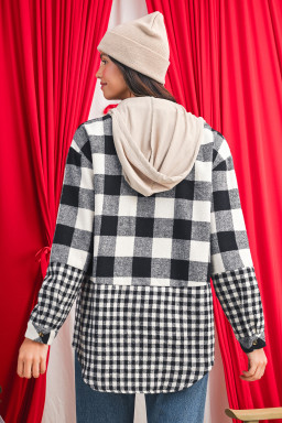 Black Plaid Patchwork Drawstring Hooded Raw Hem Shacket