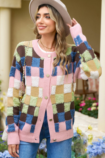Multicolour Checkered Pattern Button Front Knit Cardigan