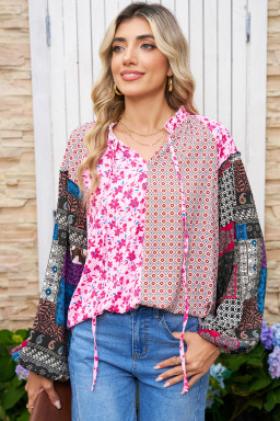 Pink Boho Mixed Floral Patchwork Drop Shoulder Bubble Sleeve Blouse