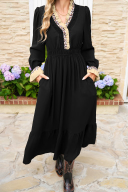 Black Leopard Contrast Color Ruffle Bracelet Sleeve Midi Dress