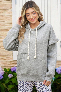Gray Solid Ruffle Pocket Drawstring Long Sleeve Hoodie