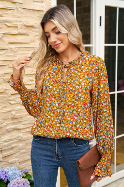 Orange Boho Floral Ruffled Bubble Sleeve V Neck Fall Blouse