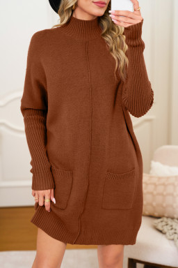 Chestnut Ribbed High Neck Front Pockets Center Seam Shift Sweater Dress