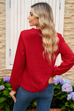 Racing Red Casual Button V Neck Long Sleeve Top