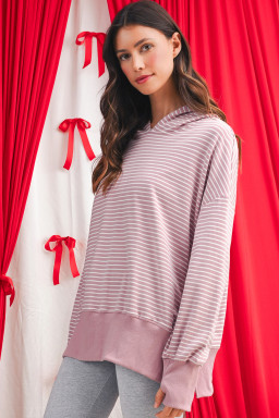 Purple Stripe Thumbhole Side Slits Drop Shoulder Loose Fit Hoodie