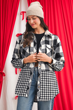 Black Plaid Patchwork Drawstring Hooded Raw Hem Shacket