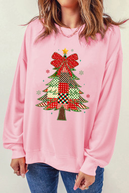 Pink Multi-pattern Checkered Christmas Tree Womens Drop Shoulder Sweatshirt