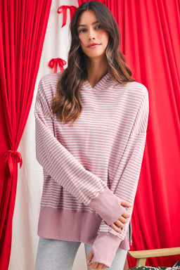 Purple Stripe Thumbhole Side Slits Drop Shoulder Loose Fit Hoodie