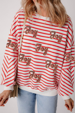 Orange Stripe Sequined Joy Pattern Patchwork Sleeve Round Neck Sweatshirt