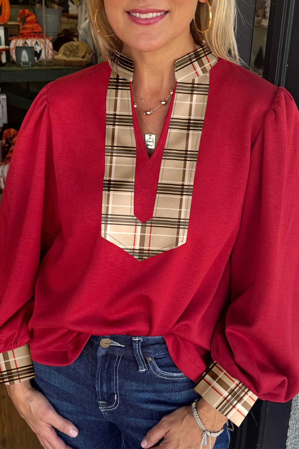 Racing Red Contrast Plaid Patchwork V Neck Long Sleeve Blouse