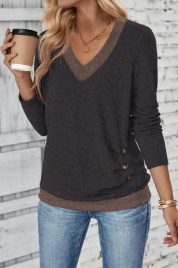 Chicory Coffee Color Block Trim V Neck Button Decor Long Sleeve Top