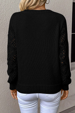 Black Solid V Neck Pointelle Knit Sleeve Patchwork Sweater