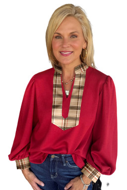 Racing Red Contrast Plaid Patchwork V Neck Long Sleeve Blouse