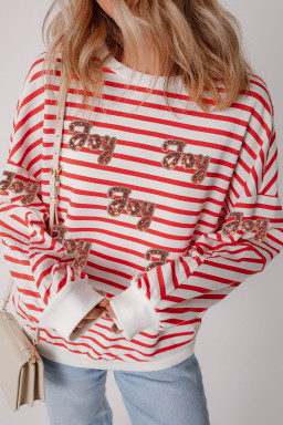 Orange Stripe Sequined Joy Pattern Patchwork Sleeve Round Neck Sweatshirt