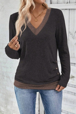 Chicory Coffee Color Block Trim V Neck Button Decor Long Sleeve Top