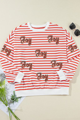 Orange Stripe Sequined Joy Pattern Patchwork Sleeve Round Neck Sweatshirt