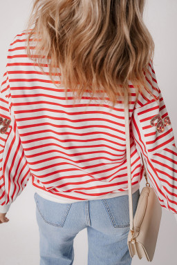 Orange Stripe Sequined Joy Pattern Patchwork Sleeve Round Neck Sweatshirt