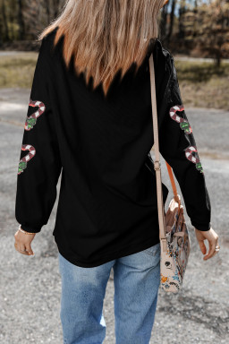 Black Sequin Christmas Candy Cane Heart Graphic Drop Shoulder Ribbed Sweatshirt