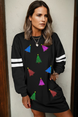 Black Colorful Sequin Christmas Tree Patched Varsity Sweatshirt Dress