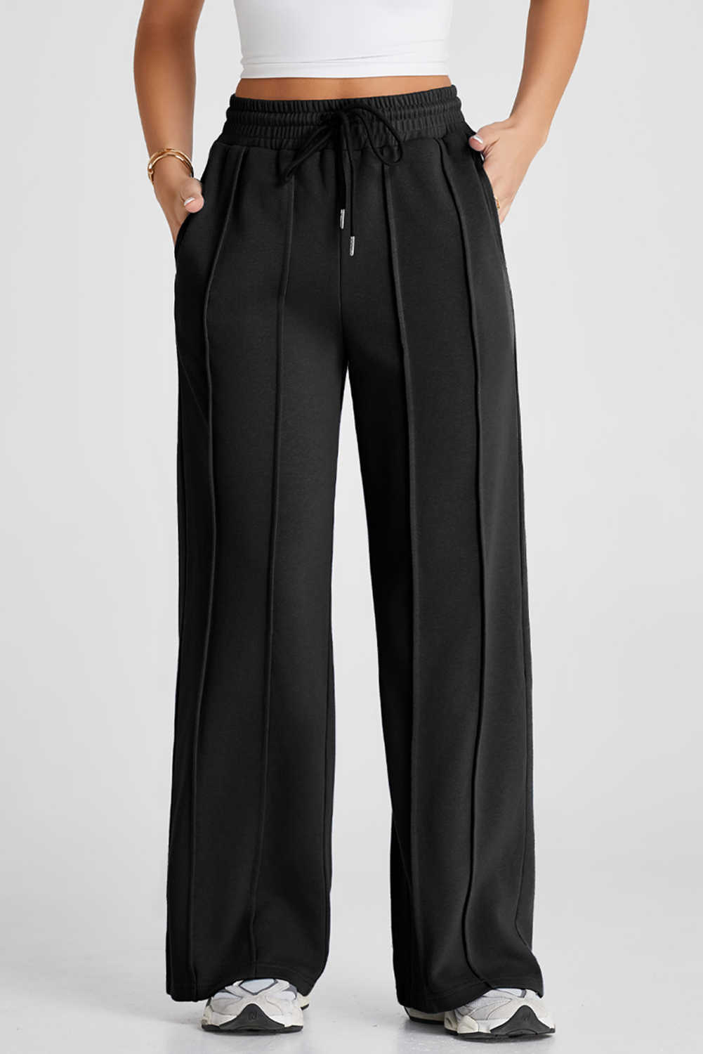 Black Seamed Drawstring High Waist Wide Leg Sweatpants