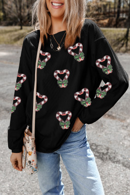Black Sequin Christmas Candy Cane Heart Graphic Drop Shoulder Ribbed Sweatshirt