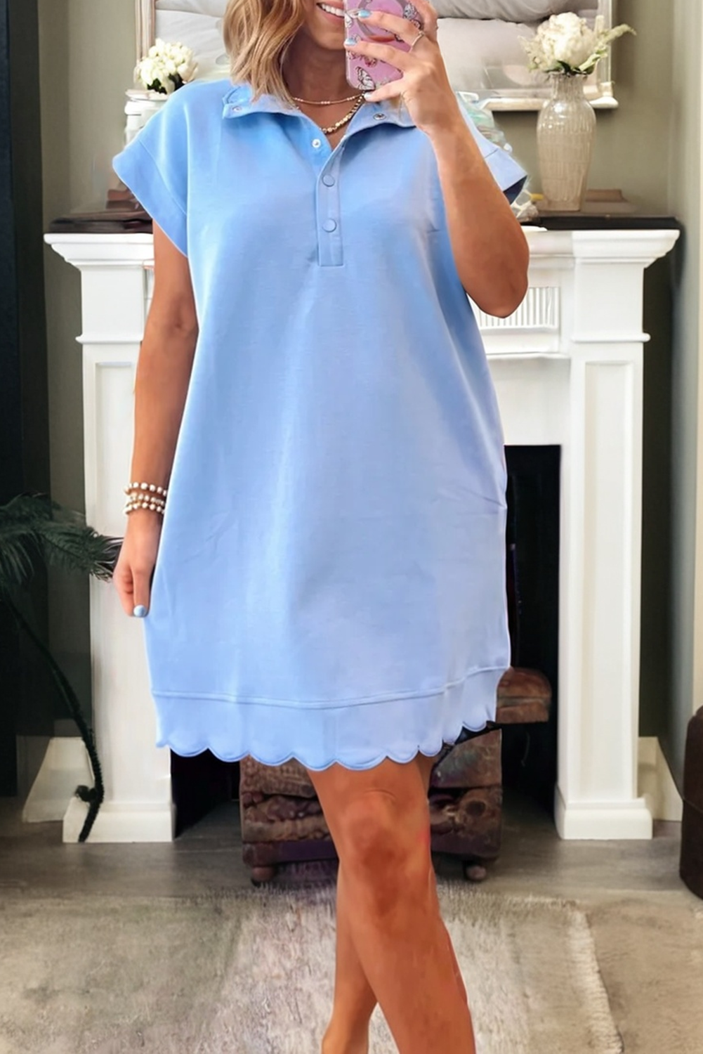 Beau Blue Solid Color Snap Button Polo Collar Short Sleeve Scallop Hem Mini Dress