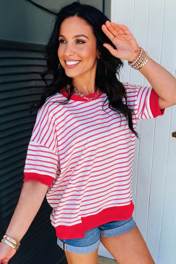 Red Stripe Drop Shoulder Half Sleeve T Shirt