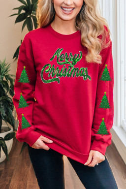 Red Shimmering Merry Christmas Tree Patched Pattern Festive Sweatshirt