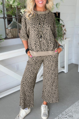 Khaki Jacquard Leopard Half Sleeve Jumper Wide Leg Pant Set