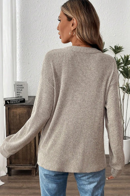 Simply Taupe Plus Size Ribbed Knit Kangaroo Pocket Henley Long Sleeve Top