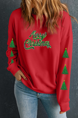 Red Shimmering Merry Christmas Tree Patched Pattern Festive Sweatshirt
