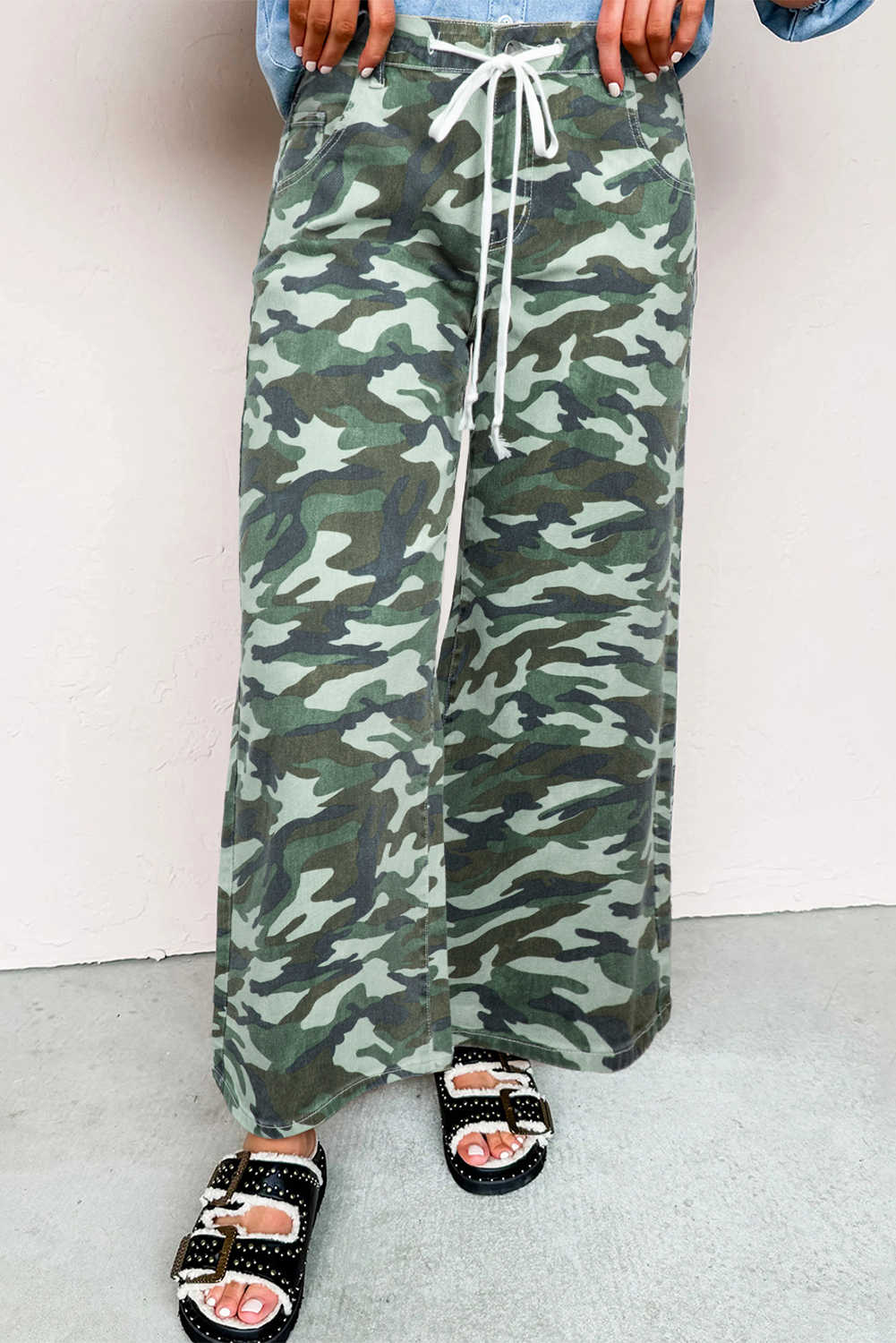 Green Camouflage Print Wide Leg Drawstring Denim Pants