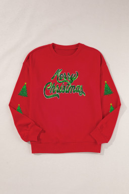 Red Shimmering Merry Christmas Tree Patched Pattern Festive Sweatshirt