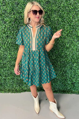 Green Contrast Trim V Neck Short Sleeve Floral Dress