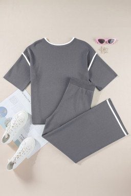 Medium Grey Contrast Trim Half Sleeve Top Drawstring Pants Loose 2pcs Sweater Suit