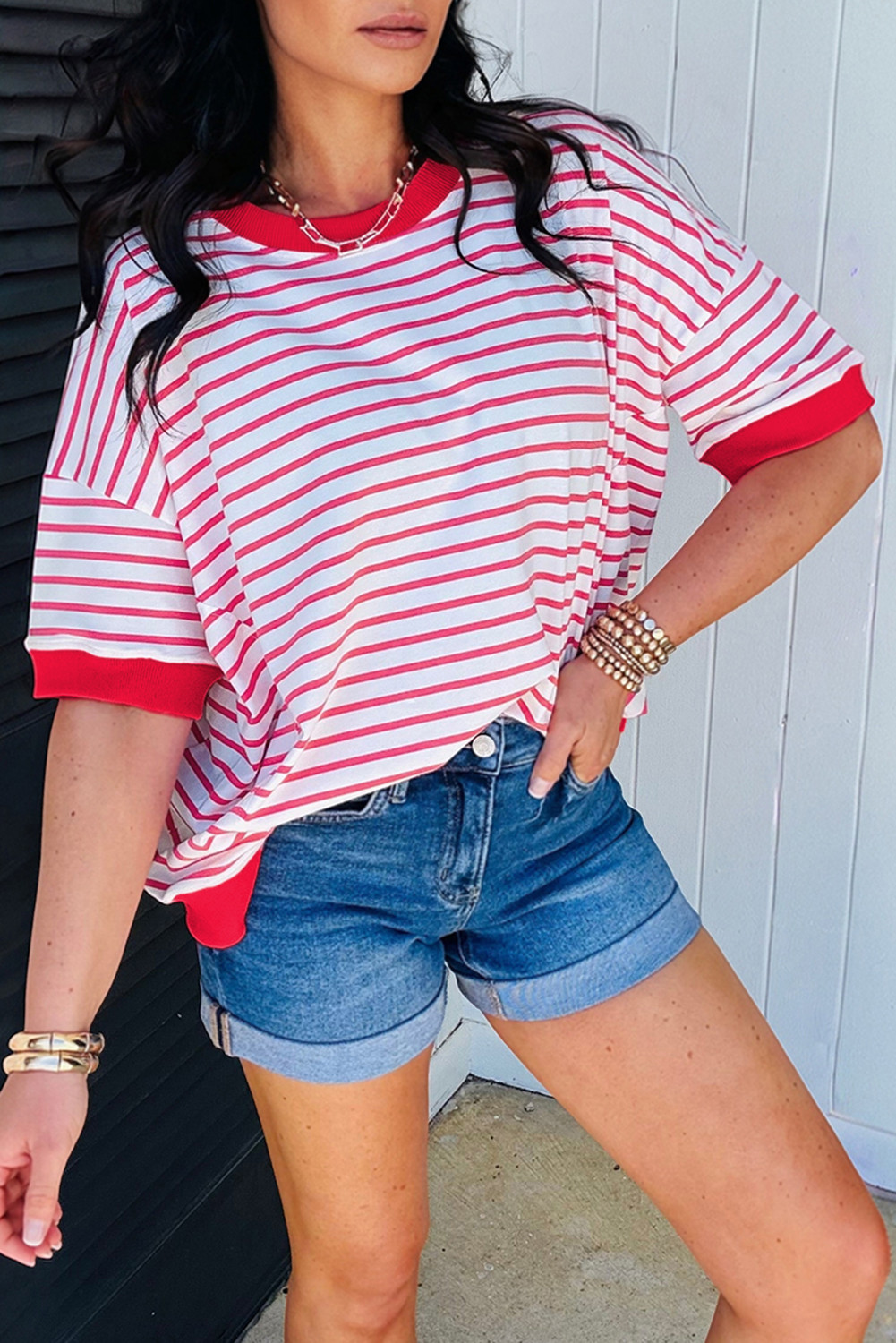 Red Stripe Drop Shoulder Half Sleeve T Shirt