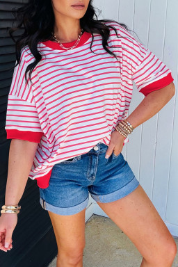 Red Stripe Drop Shoulder Half Sleeve T Shirt