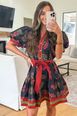Black Retro Floral Print Button Down Belted Short Puff Sleeve Mini Dress